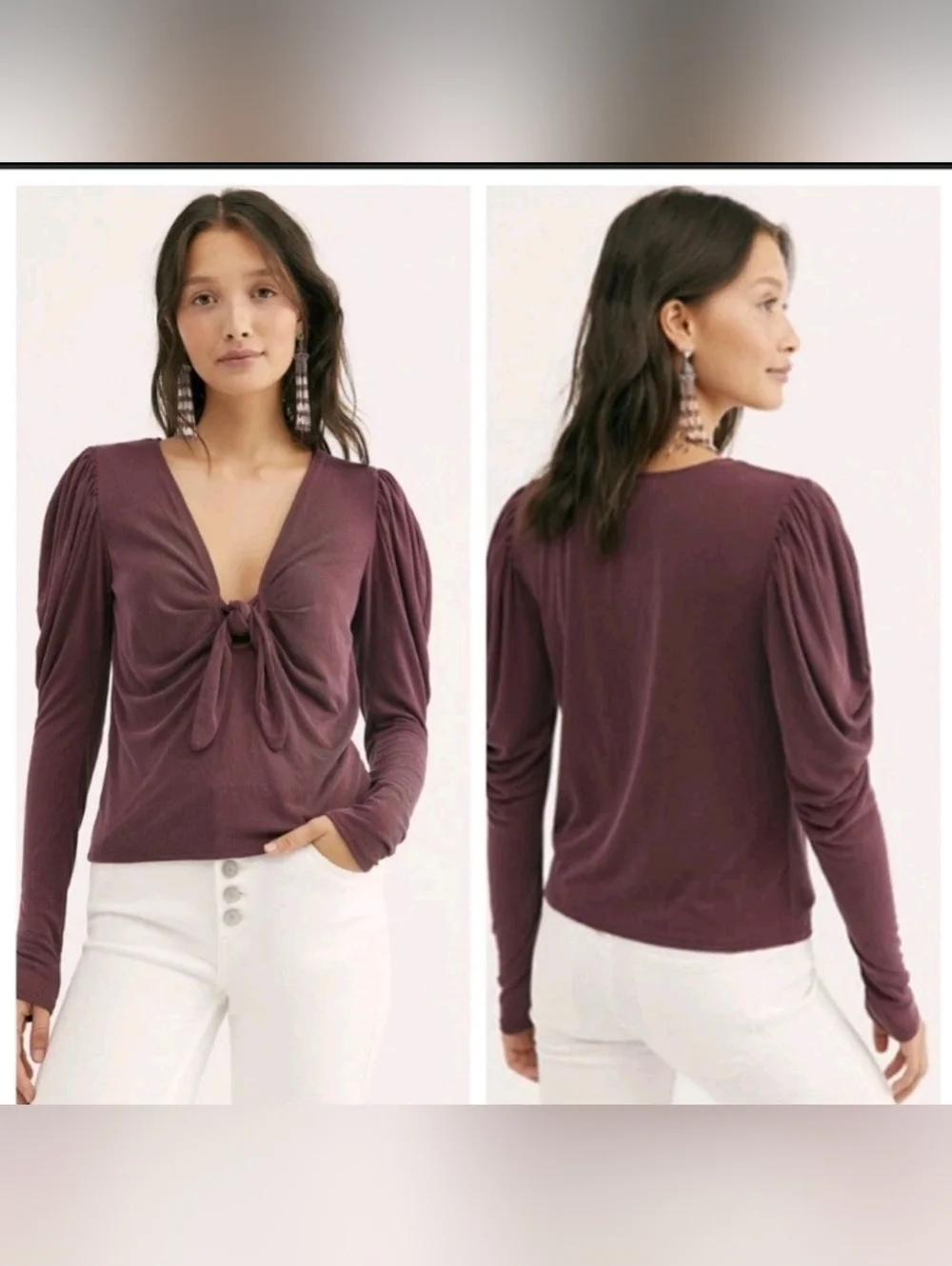 Free People Tie The Knot Top Size S Maroon Puff Sleeve Front Tie OB1054017 Boho